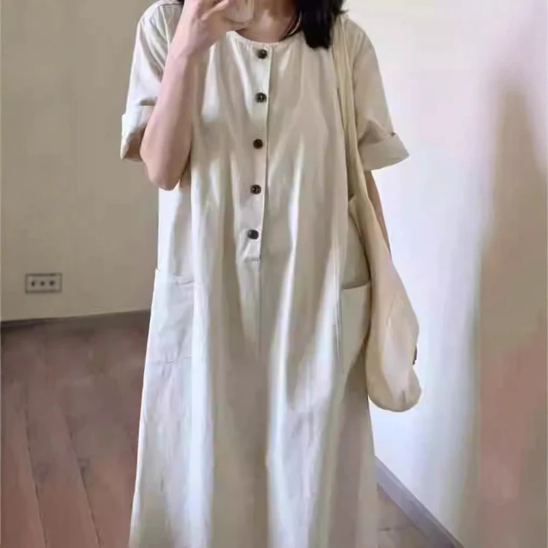 

2025 Literary Retro Japanese Long Skirt Loose Casual Slim Short Sleeve Dress Small Lazy Wind