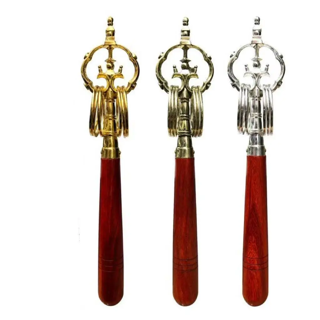 Buddhism Monk‘s Staff Ornaments Solid Wood Handle Alloy Tip Sticks for Home Temple Decorations Vintage Holding Meditation Buddha