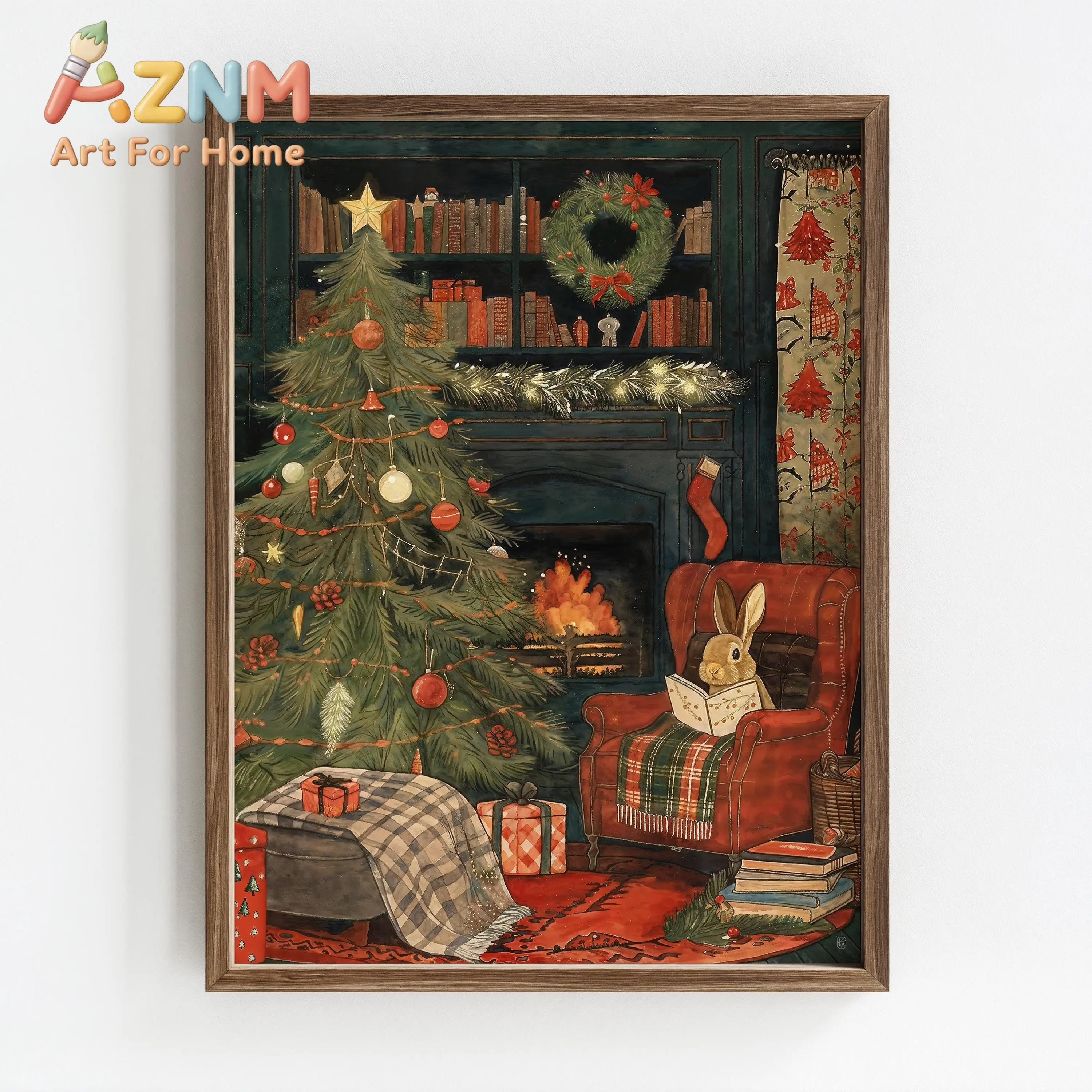 Cozy Christmas Rabbit & Fireplace Canvas Art Print - Unframed Vintage Holiday Christmas Poster for Living Room and Bedrrom Decor