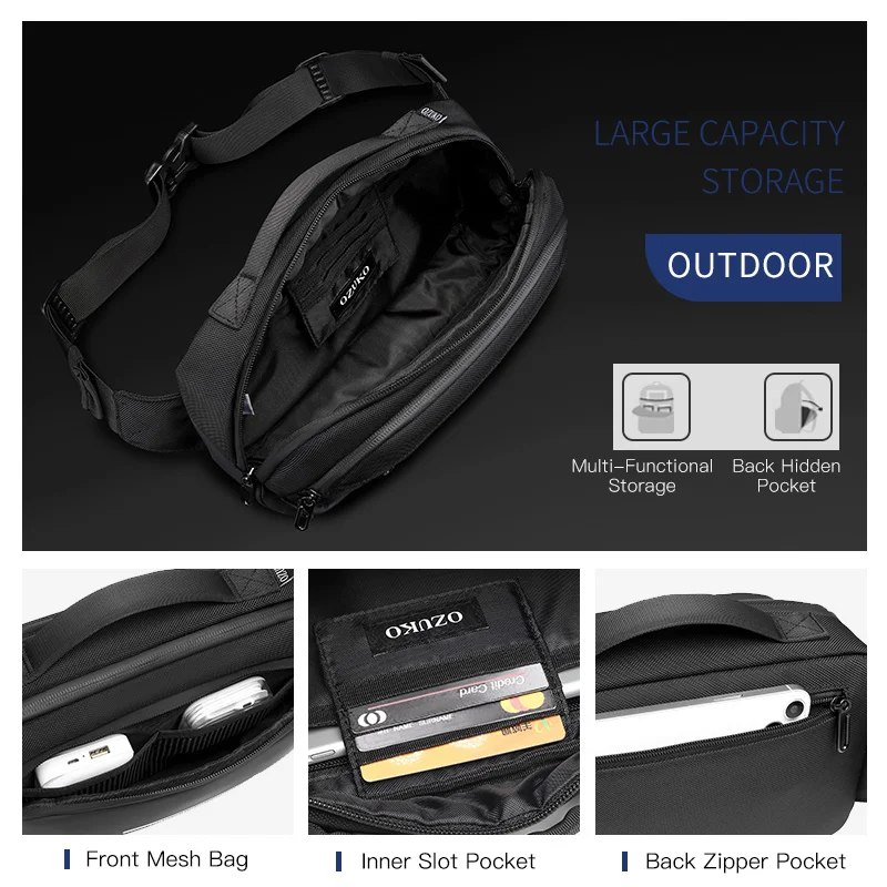 Imagem -06 - Ozuko-bolsa de Cintura Impermeável para Homens Fanny Packs de Viagem Curta Bolsas de Peito Masculinas Bolsa Crossbody Casual Bolsa de Cinto Moda ao ar Livre Nova Marca