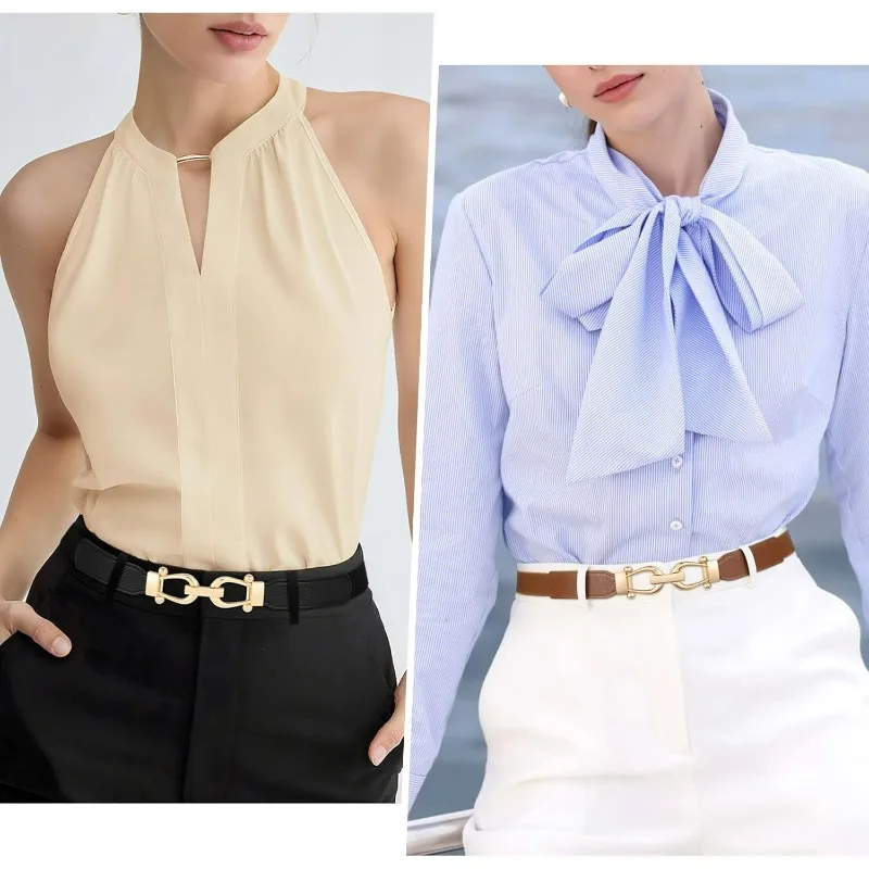 3Pack Women Skinny Elastic Belt for DressesThin Retro Stretch Waist Belt with Golden Buckle