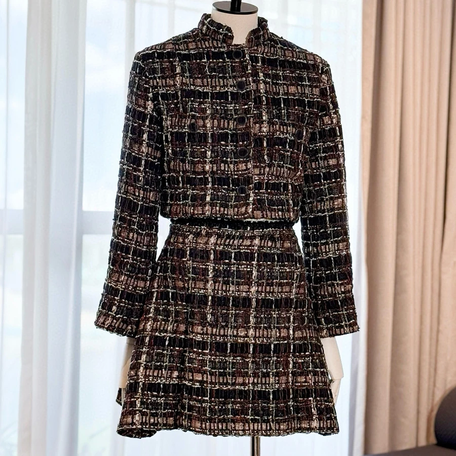 

NIGO Women's Spring/Fall Vintage Tweed Stand Collar Single-Breasted Casual Short Jacket High-Street Skirt Ngvp #nigo2343