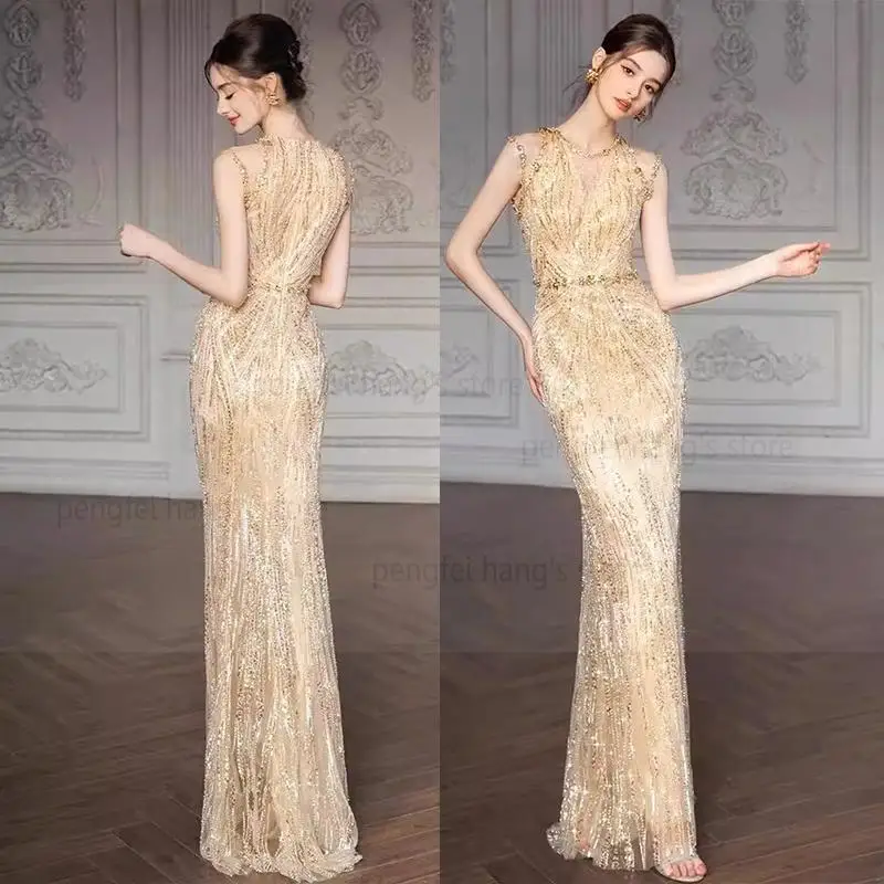 Gold Bride Wedding Banquet Gown Luxury Sequins Mermaid Vestidos Long Robe De Soiree Lady Sleeveless Cheongsam Maxi Dress