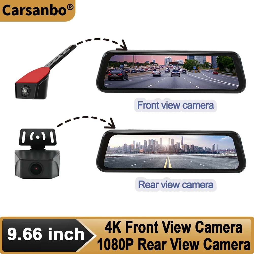 Carsanbo 9.66 inci 2K IPS Layar Sentuh Penuh Monitor Cermin Belakang Dengan Kamera Depan 4K Kamera Belakang 1080P Mengemudi Aman