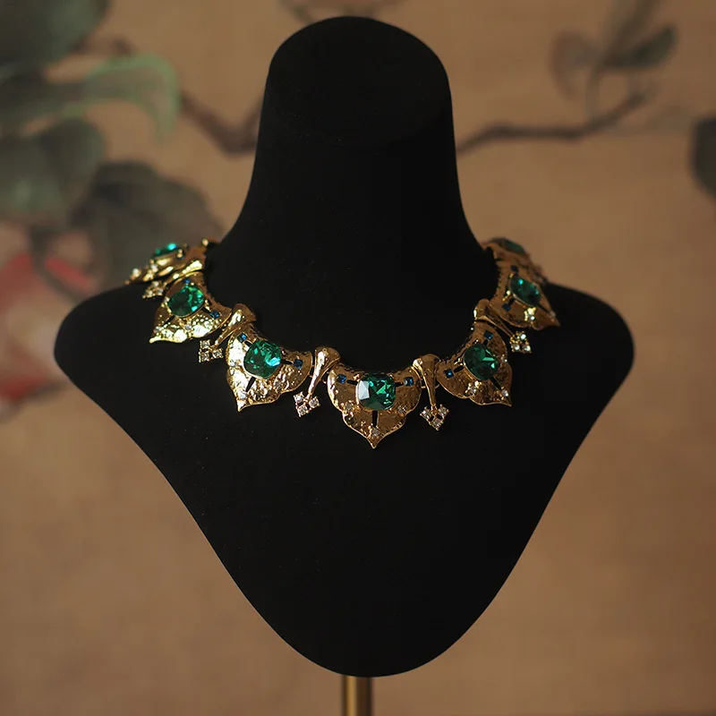 Edwardian 18K Gold Filled Filigree Emerald Choker Lavaliere Exaggerated Necklace For Women Waterproof Vintage Statement Jewelry