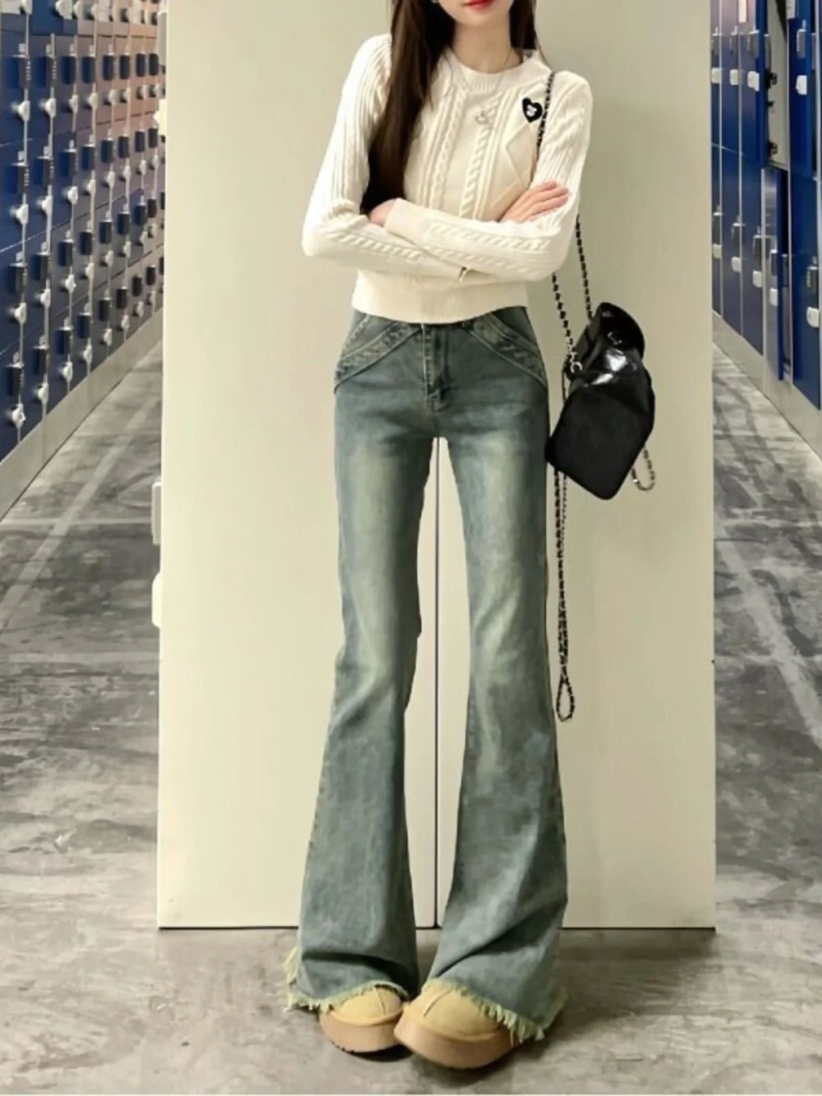 

Low Waist Flared Jeans Women's Spring New Style Slimming Stretchy Frayed Hem Floor-Length Pants Cotton Elastic Denim
