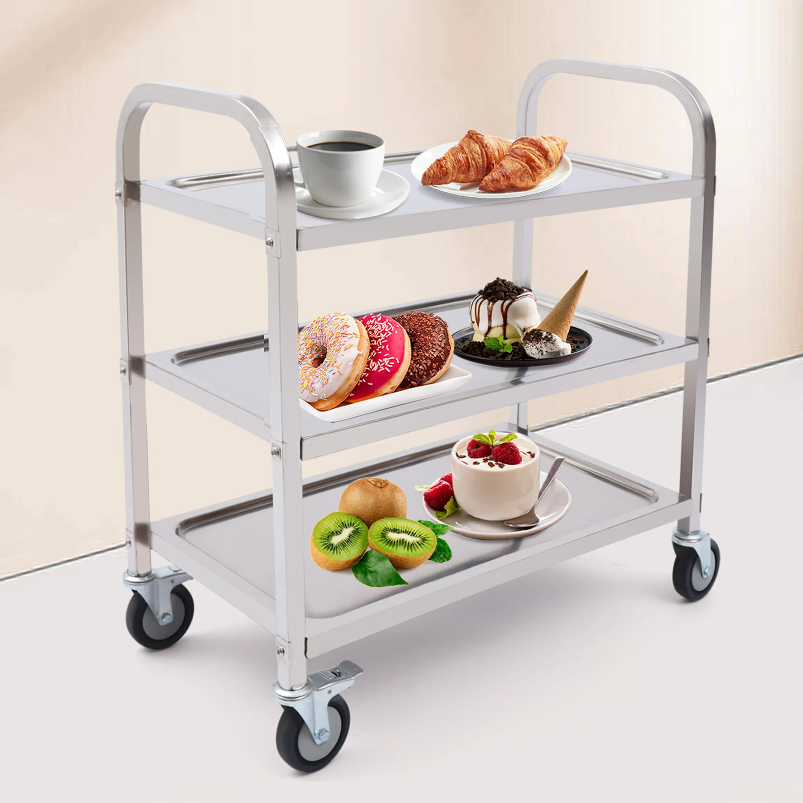 Carrello da Cucina a 3 Ripiani in Acciaio Inossidabile con 4 Ruote Universali Frenate, Manico Integrato, Chiodi e Fibbie ad Alta Resistenza