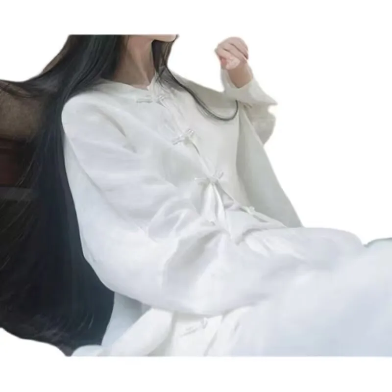 

Chinese Sle Button up irt And Pants Set Women's Loose Fit Thin Cotton Linen Wide Leg Pants Long Sve Collar irt