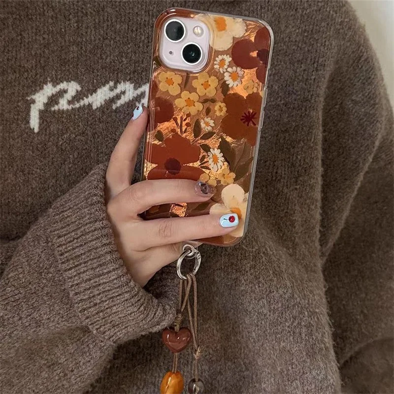 دوامة نمط IND النفط اللوحة الأصفر البني زهرة جراب هاتف مع سلسلة آيفون 11 12 13 14 15 16 17 برو ماكس