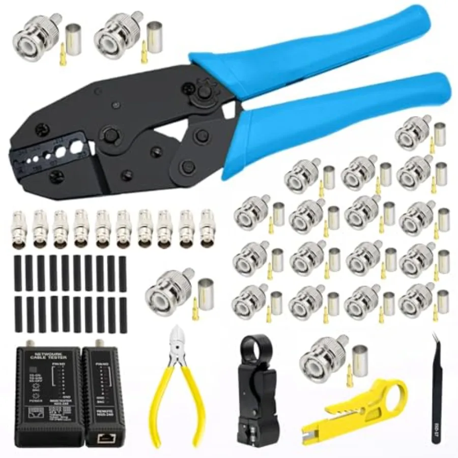 

Coaxial Cable Tool Kit, BNC Crimp tool for RG58, RG59, RG62, RG174, 20PCS RG58 BNC Male Crimp Connectors, 10PCS BNC Female to F