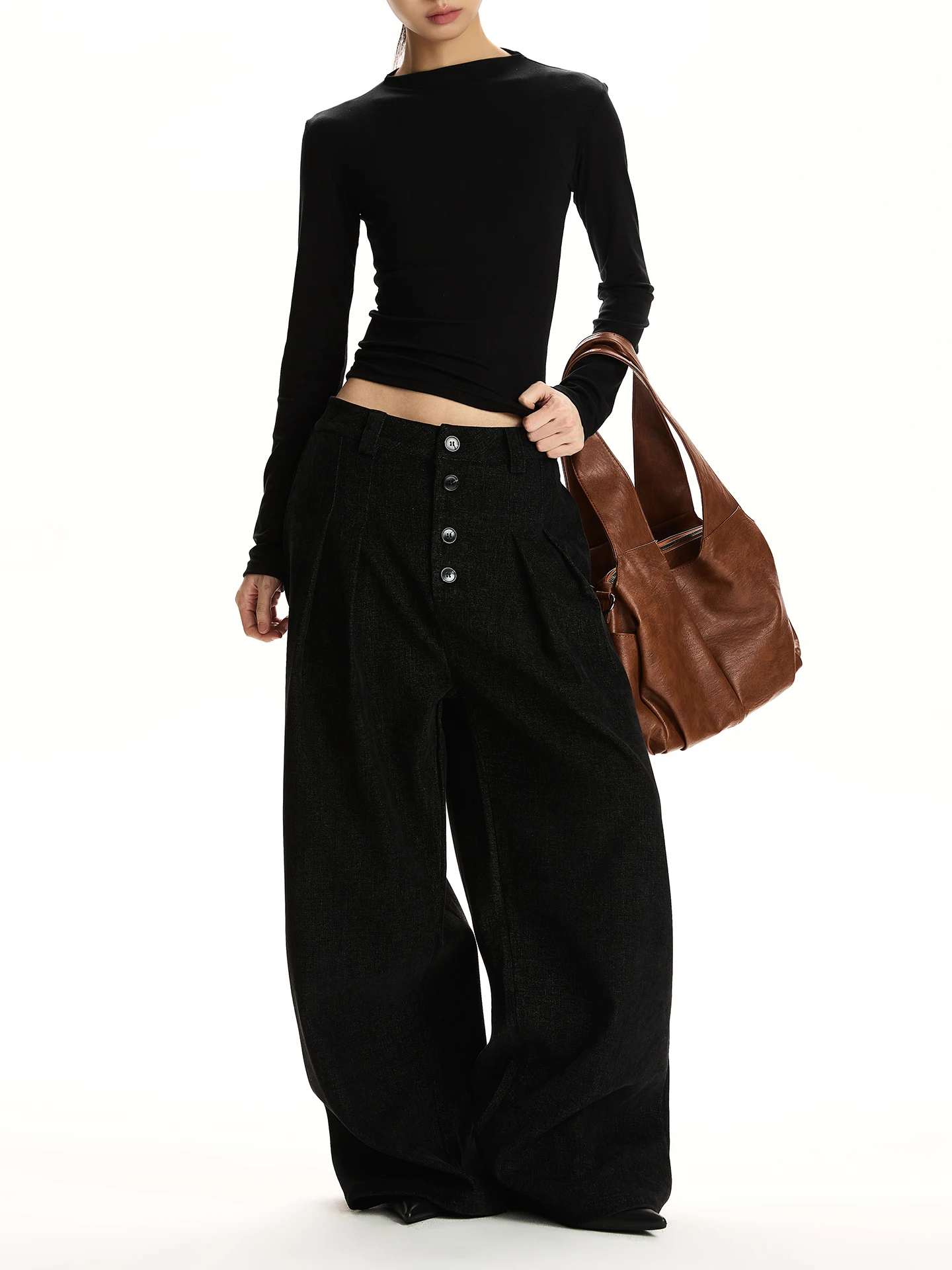 

VAT Casual Loose Straight Leg Pants Women's Ele Simple Sle Pleated Trousers Commuter Chic Button Detail Wide Leg