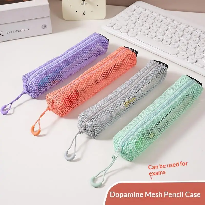 Dopamine Rectangle Mesh Cosmetic Organization Storage Bag With Zipper Portable Sundries Pouch For Travel With Rope