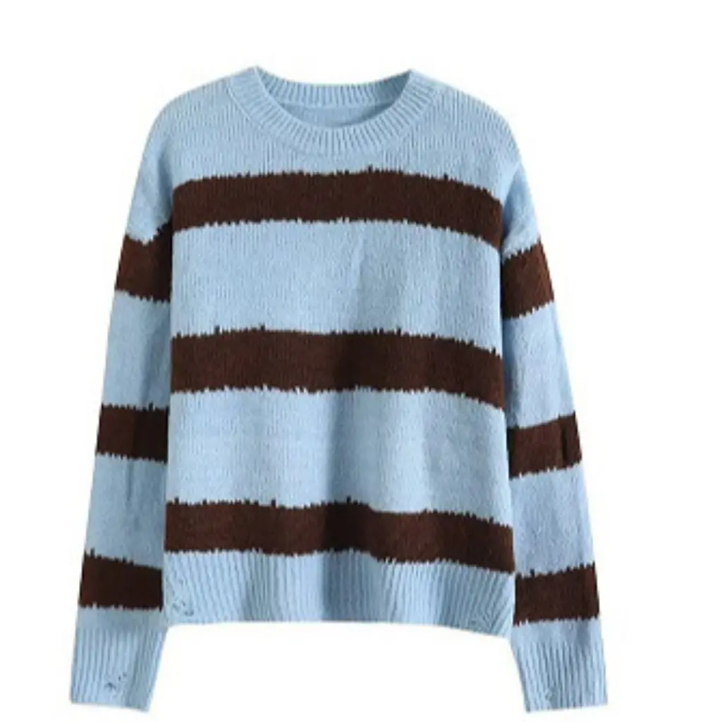 

Полосатый вязаный корейский женский свитер 00XD-3951, повседневный пуловер с круглым вырезом на осень-зиму, оптовая продажа