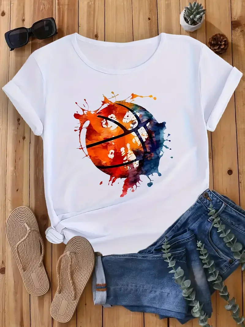 Colorful Basketball	Print Short Sleeved Casual Women T-shirt Round Neck Women Graphical Female Summer T shirt Clothing Tee Tops