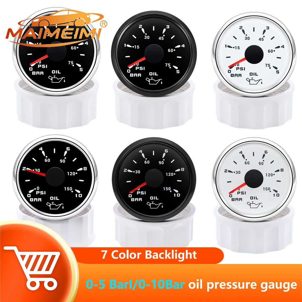 Manómetro de Presión de Aceite de 0-5 Bar/0-10 Bar con Retroiluminación de 7 Colores, Medidor para Automóvil con Sensor de Presión de Aceite para Barco, Yate