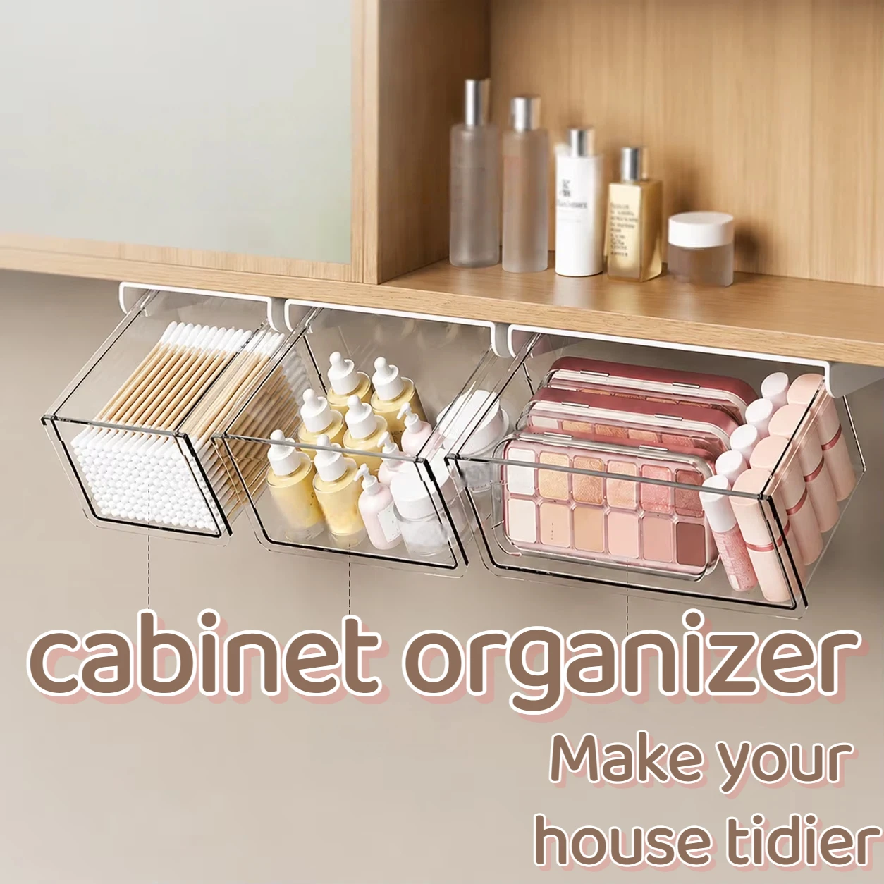 2025 New Transparent Under Shelf Hanging Organizer, No Drill Adhesive Mirror Cabinet Storage Bin for Vanity Skincare Makeup