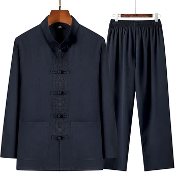 2 Stks/set Mannen Tang Pak Set Chinese Traditionele Kleding Hanfu Elastische Taille Wijde Pijpen Zachte Mid-Aged Heren Shirt Broek Sets