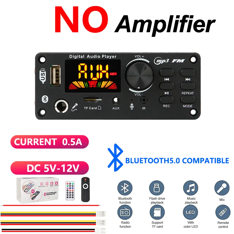 Bluetooth Decoder Module 5v No Amplifier Audio Player Bluetooth Receiver for Amplifier FM USB TF AUX Mic DC 5V-12V