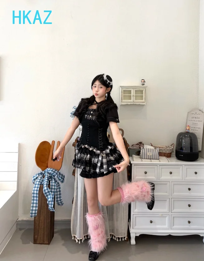 Japanese Sweet Cute Liz Lolita Plaid Splicing Short-sleeved Dress and Shorts Set Black Versatile High-waisted Slim-fit Set