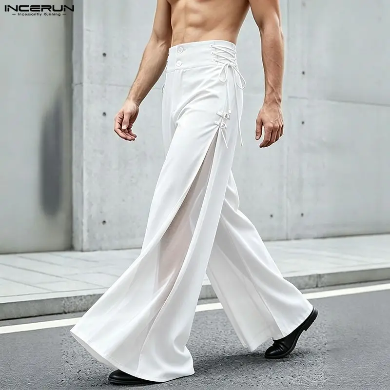 INCERUN Herrenhose, Mesh-Patchwork, Knopf, Schnürung, Jogginghose, weites Bein, für Herren, Streetwear, locker, 2026, stilvolle Freizeithose