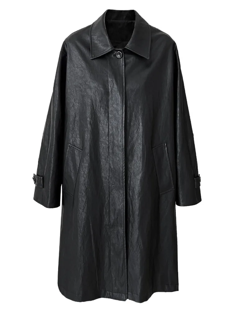 Whtrend jaqueta de couro pu de alta qualidade para mulheres lapela único breasted versátil casacos pretos de comprimento médio primavera outono novo wh2056