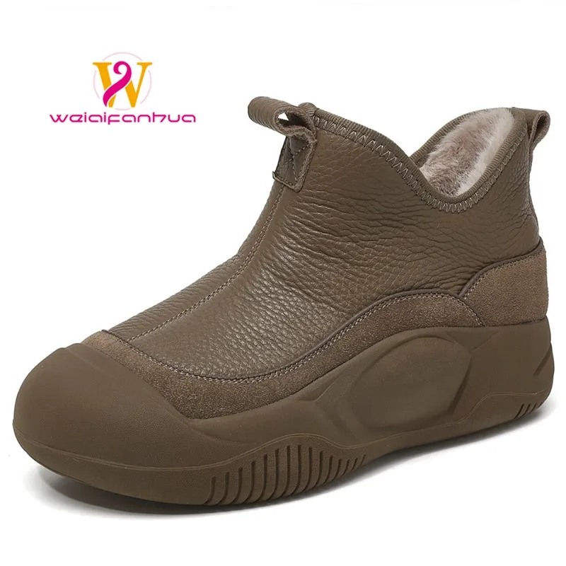 

Зимние ботинки для женщин. Теплые женские ботинки из воловьей кожи с верхним слоем на толстой подошве. Женские противоскользящие короткие ботинки, женские ботинки в стиле ретро.