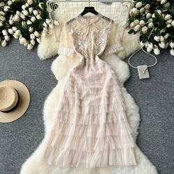Chic vintage mesh sequin lace PATCHWORK Embroidery Dress Fashion korean fashion Slim summer puff dresses