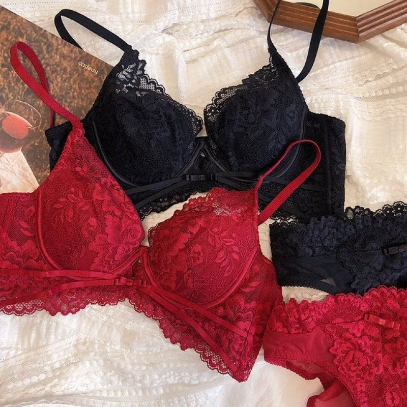 French Lace Thin Sexy Gathered Wider Collect Vice Breasts Large Breasts Show Small Anti-Sagging Underwear Set of Soft Steel Ring