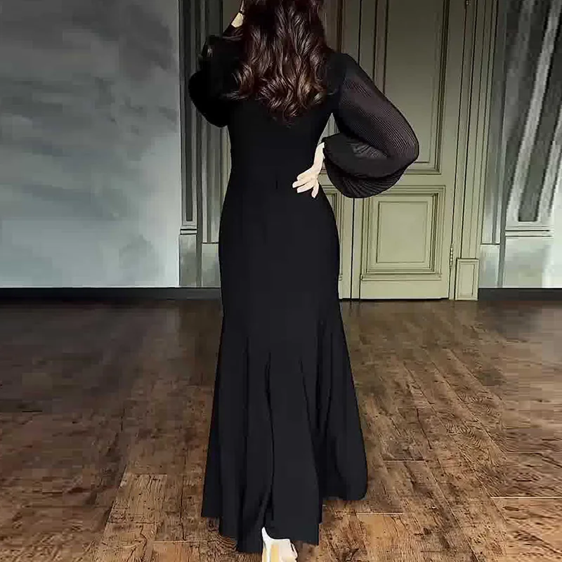 الربيع الصلبة عالية الخصر مطوي فستان طويل أنيق الخامس الرقبة الترتر البوق فستان الحفلات المرأة الخريف نفخة الأكمام ألف خط فستان ماكسي