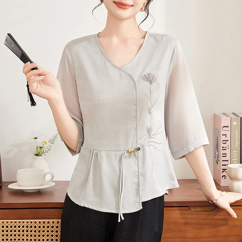 

Faionable Summer Dr for Middle-Aged Women ort Sve Chiffon Skirt Ele And Korean Sle Loose Fit V-Ne Dr