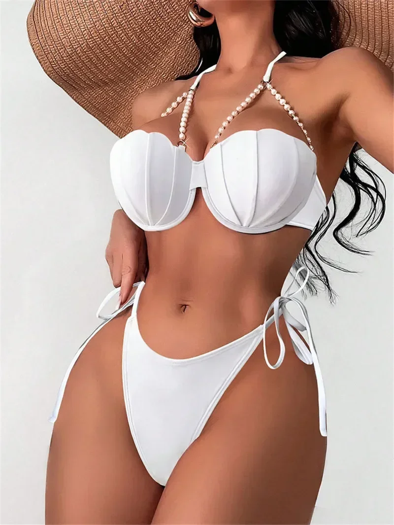 

Sexy White Shell Halter Bikinis Sets Mujer Push Up Swimwear Women Micro Thong Swimsuits Pearl Metal Bathing Suit Bikini Biquinis