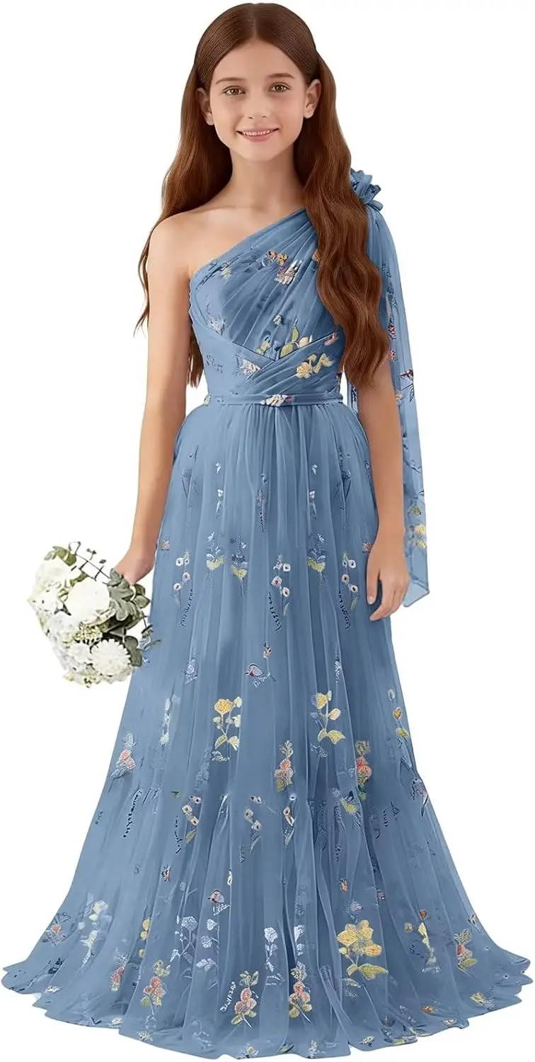 

Flower Embroidery Tulle Long Girls Junior Bridesmaid Dresses Prom A Line Formal Wedding Guest Gown Pageant Dresses for Girls