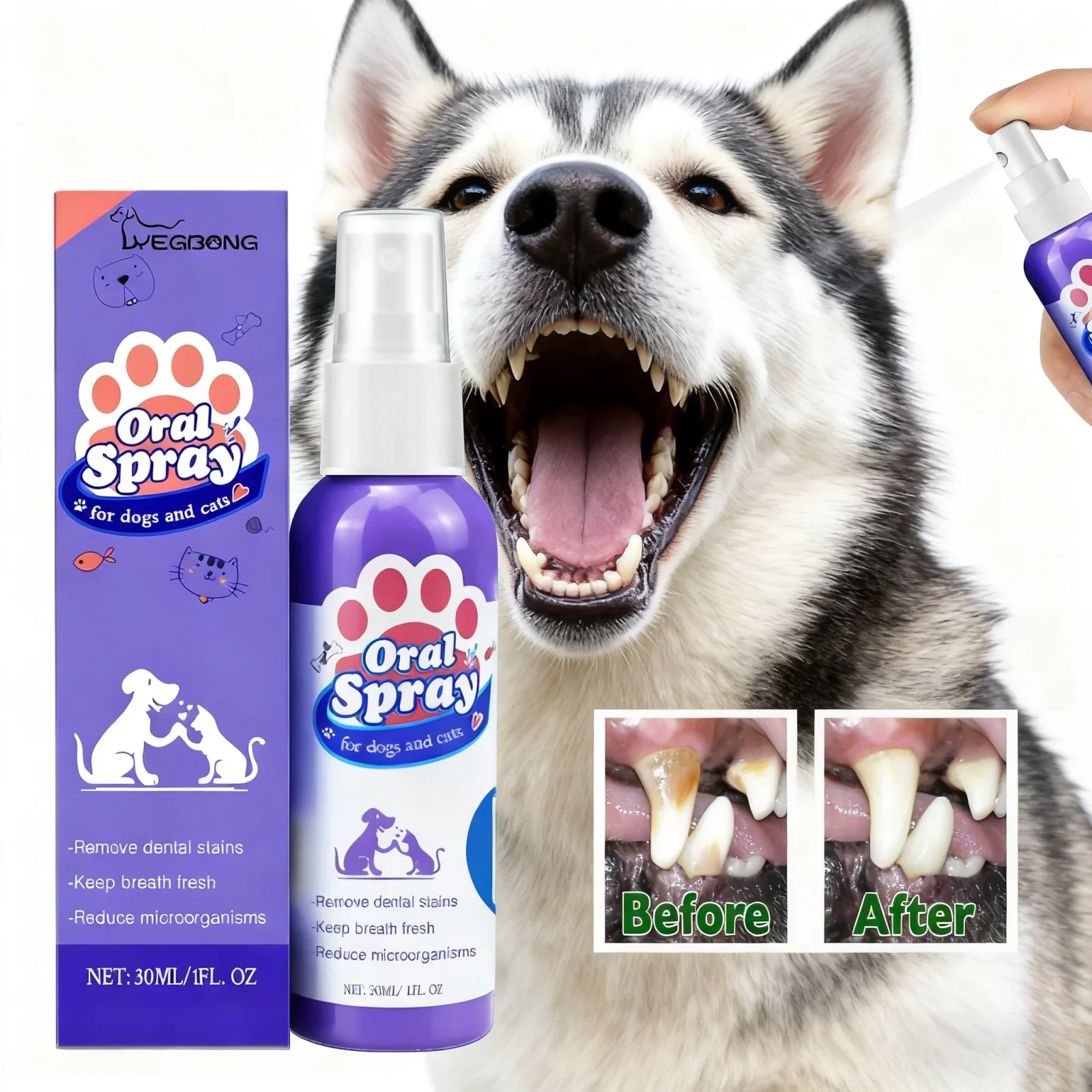 Spray de limpeza de dentes para cães e gatos, removedor de tártaro, mau hálito, cuidados bucais, higiene dentária, aditivo de água, controle de placa