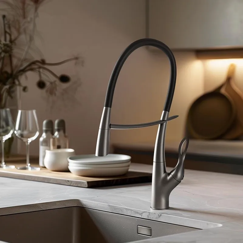 

Золотой выдвижной кухонный смеситель, латунный черный выдвижной смеситель для раковины, уникальный смеситель для кухни холодного и горячего серого цвета