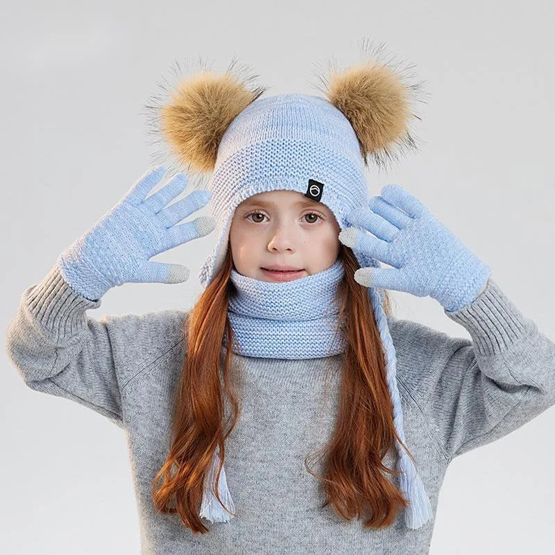 الشتاء بوم بوم الأطفال القبعات مجموعة محبوك يندبروف الفتيات الفتيان قبعات قفازات وشاح الصوف الدافئة في الهواء الطلق قبعات للأطفال القفازات