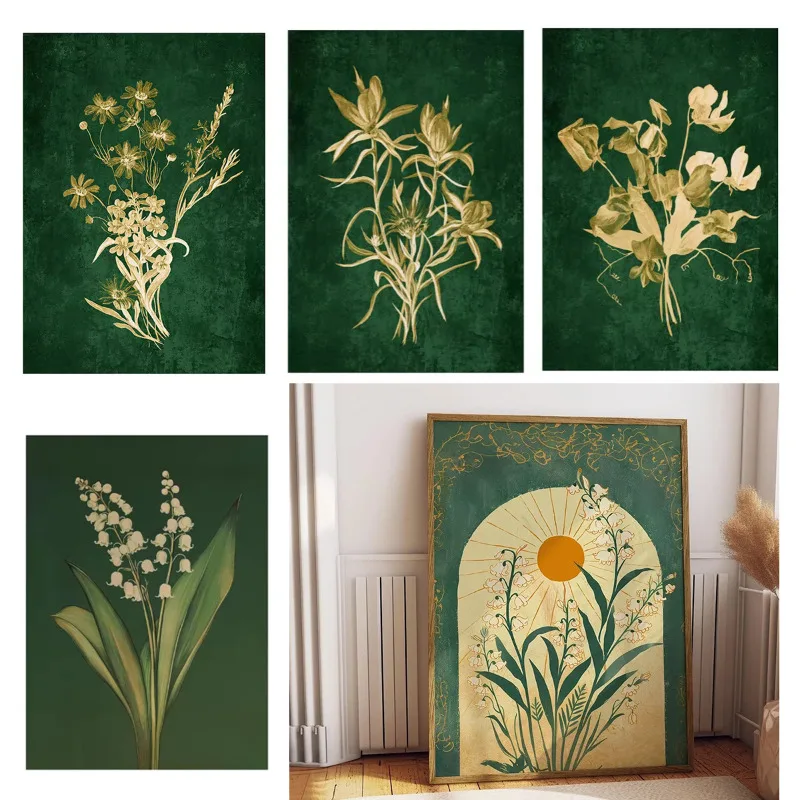 Boho Emerald Green Lily of The Valley Canvas Paintings Posters Prints Aesthetic Sunshine Flowers Wall Art Living Room Decor