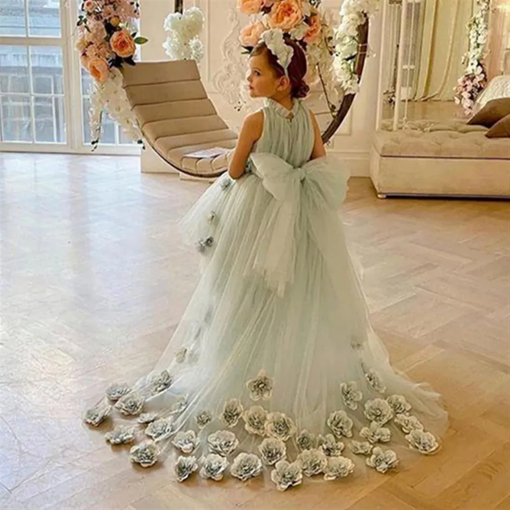 

Flower Girl Wedding Dress Girls Sleeveless with Bow Princess Tulle Puffy First Communion Birthday Party Dress Cute Kids Gown