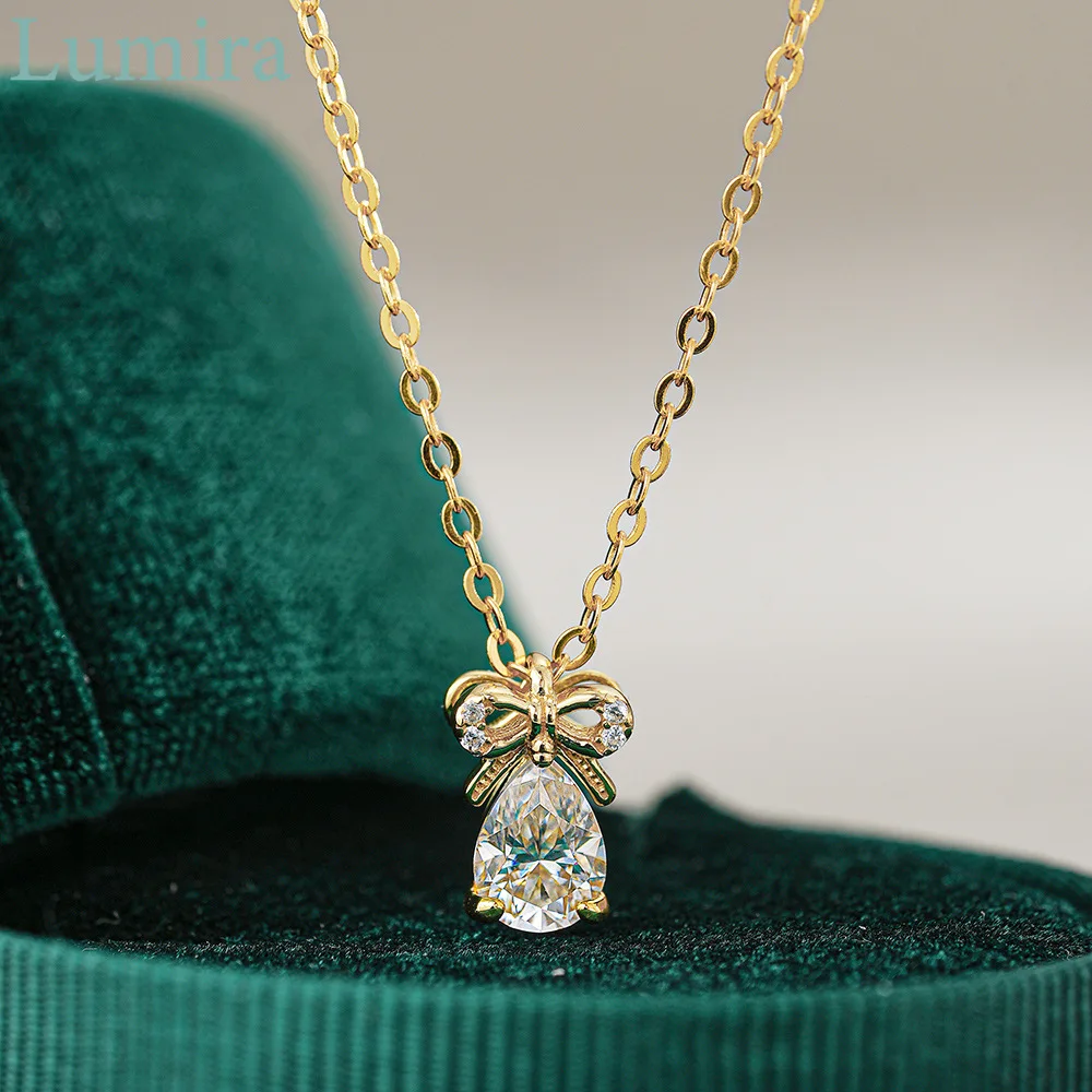 Lumira Unique Eye-catching Bow-Knot 18K Gold Teardrop Pendant Women's Full Set with Moissanite 0.8 Carat Diamond Necklace
