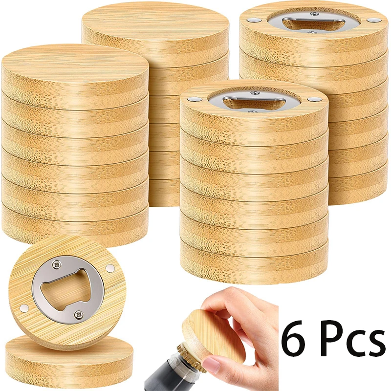 6 قطع فتاحات زجاجات مستديرة من الخيزران فتاحات بيرة من الخيزران #1