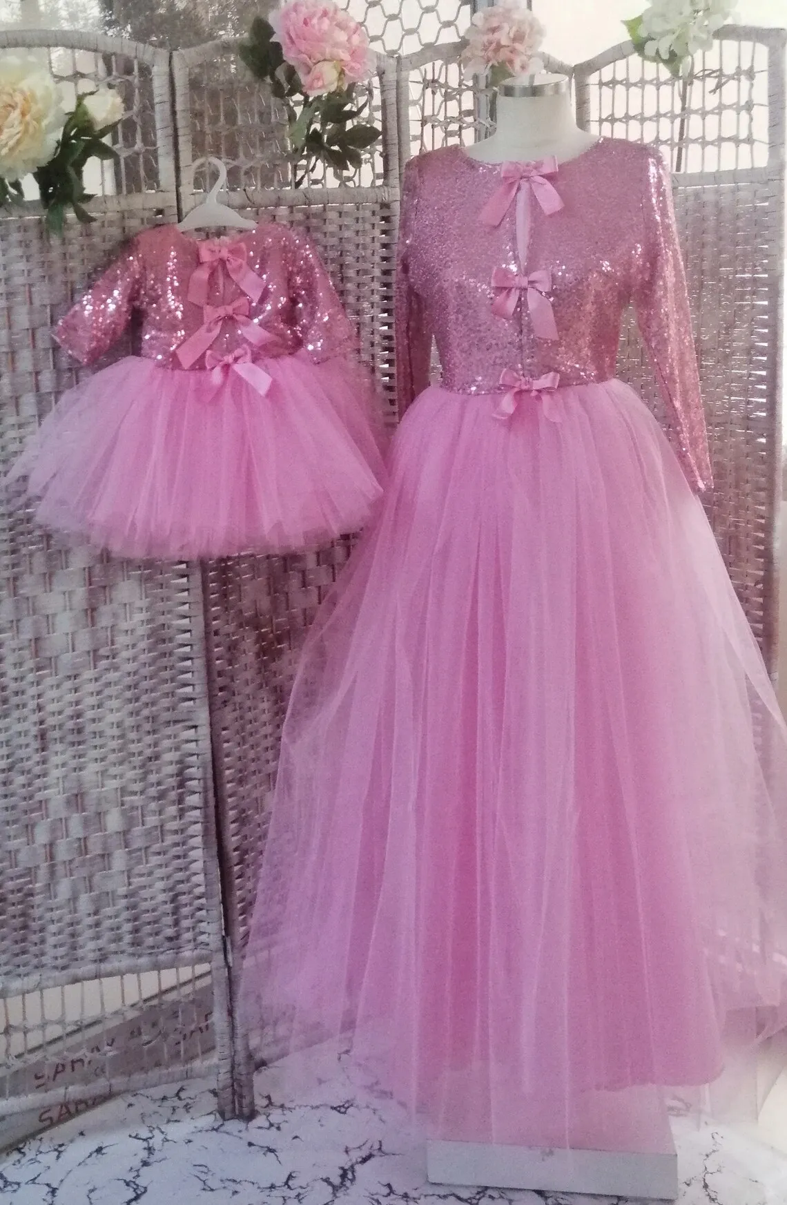 Hot Pink Mommy and Daughter Matching Tutu Dress Sequined Long Mother Kids Birthday Dress Family Maching Outfit for Photoshoot