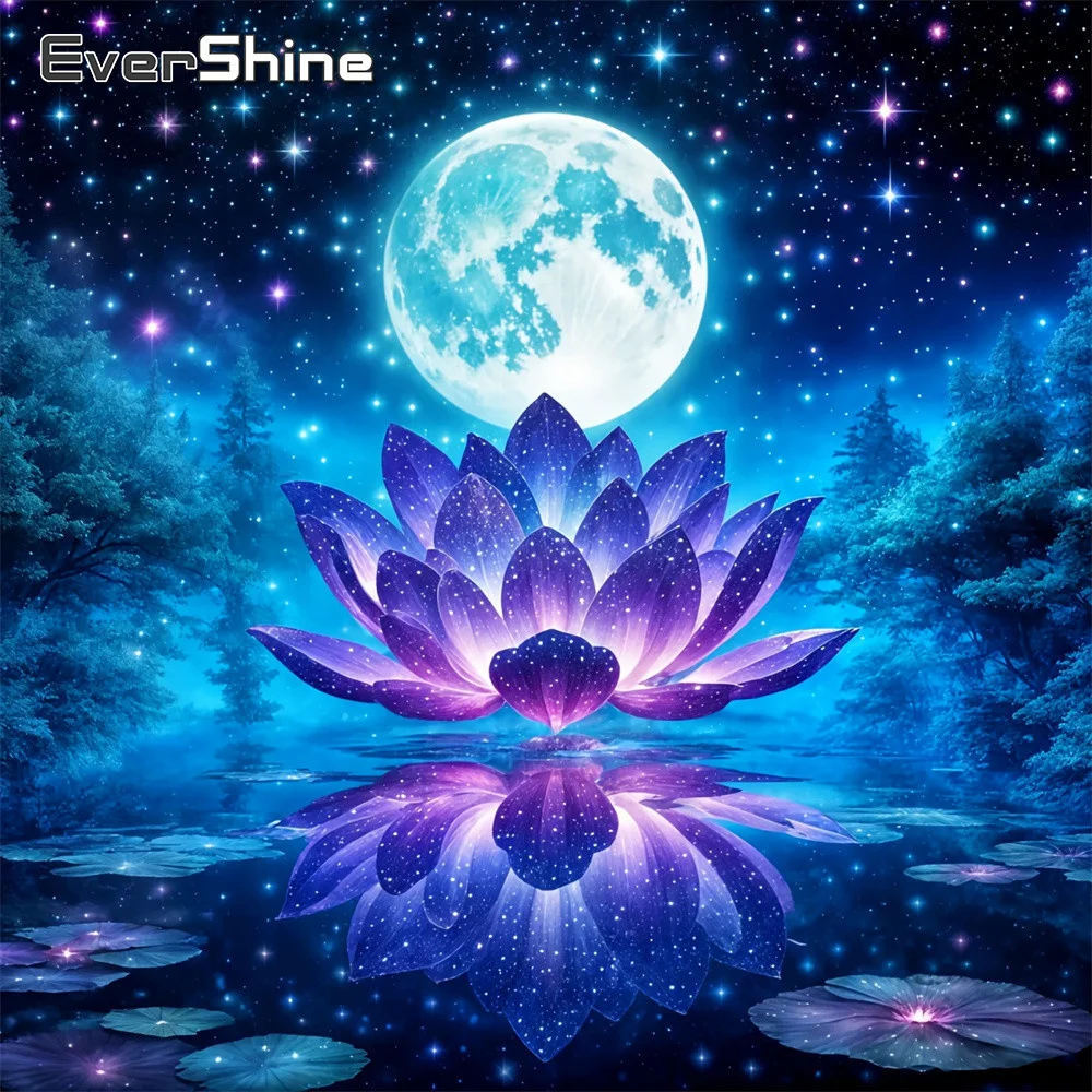 EverShine DIY-Diamantgemälde, Landschaft, komplett, quadratisch, 5D-Stickerei, Lotus, Strass, Bild, Mosaik, Mond, geeignet für Anfänger