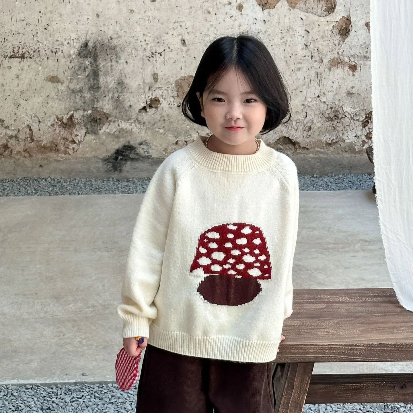 Girls Sweater 2024 Winter New Childrens Clothes Korean Baby Girl Foreign Style Cute Mushroom Pullover Sweater Simple Daily