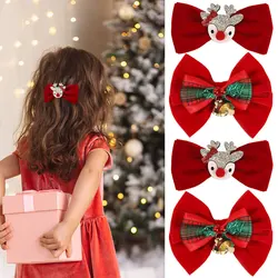 2PCS Velvet Hair Bow Ribbon Clip Glitter Christmas Elk Hairpin Headwear Jingle Bells Barrette Hairgrip Kids Hair Accessories