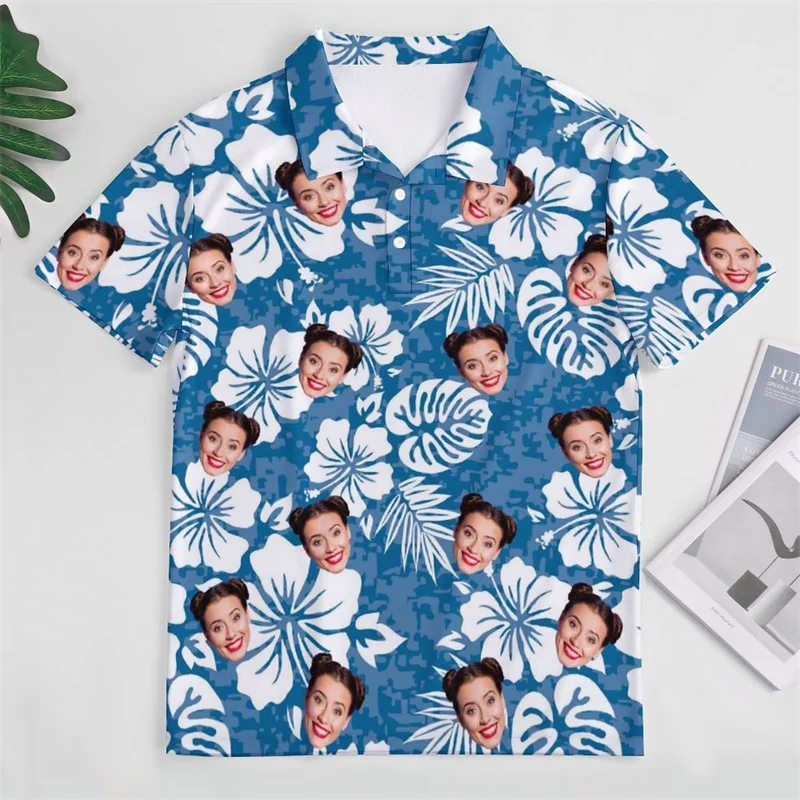 Custom Photo Men Polo Shirt Personalized Face Polo Shirts Flower Plants Pattern Short Sleeve Shirt Design Your Own Shirt Tops