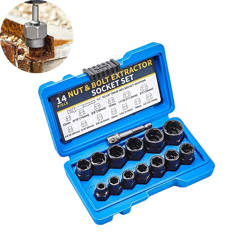 14Pcs Bolt Nut Extractor Set, 3/8 Drive Stripped Lug Nut Remover Socket Tool Kit for Damaged Rusty Rusted Stuck Lug Nuts Bolts