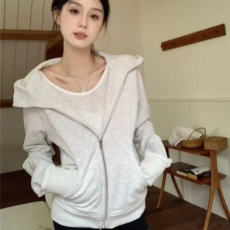 Hooded Jackets for Women Long Sleeve All-match Young Girls Spring Autumn Clothing Fashion Korean Style Ins Solid Zipper Slim