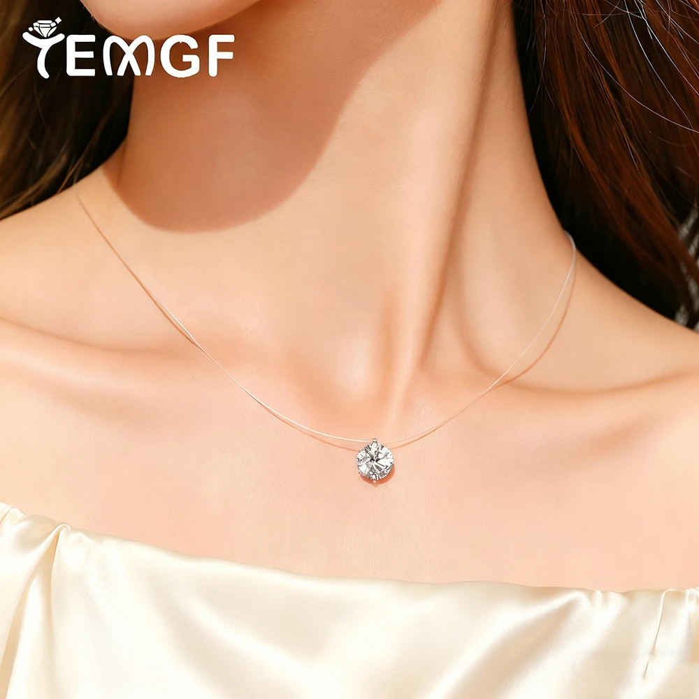 

TEMGF Zircon/Moissanite Necklace Invisible Fishing Line Chain 925 Silver Pendant for Women Girls Simple Sparkling Fine Jewelry