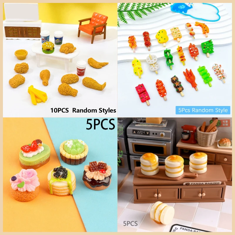 5/10 Stuks Willekeurige Poppenhuis Voedsel Decoraties Gebakken Kip Burger Frietjes Drinken Set Poppenhuis Accessoires Fantasiespel Speelgoed