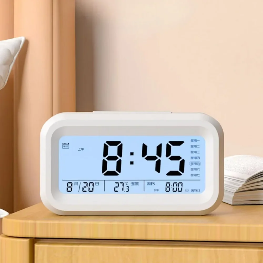 Battery Powered LCD Alarm Clock Date Week 3 Alarms Backlight Snooze Table Clock Night Vision Function12/24H Digital Clock