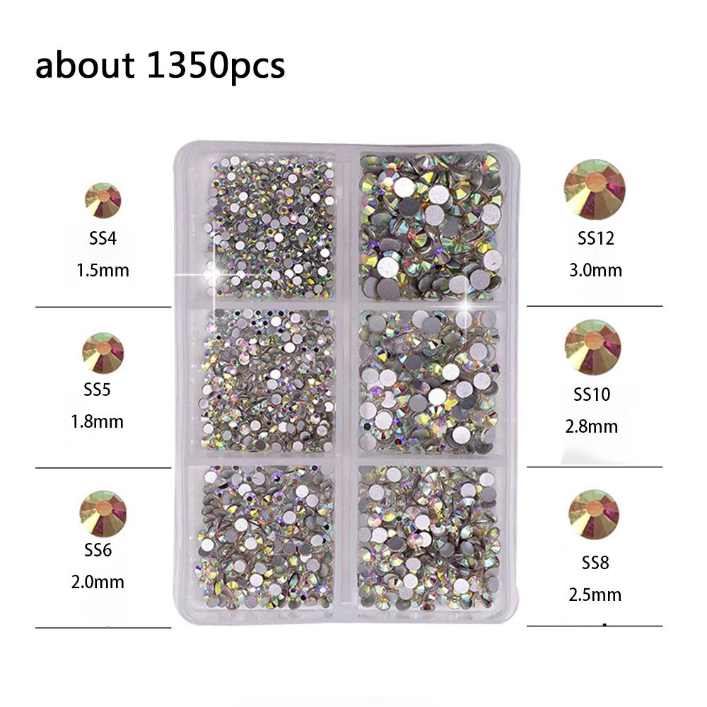 1 Box AB-Kristall-Nagel-Strasssteine in verschiedenen Größen, flacher Boden, kristallklare Diamant-Edelsteine, DIY-Nagelkunst-Dekorationen, Strasssteine – Detail 5
